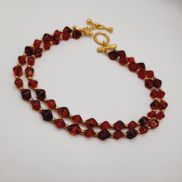 Vintage Topaz Glass Bead Two Strand Necklace Gold Tone Toggle Clasp 16” - Picture 7 of 14